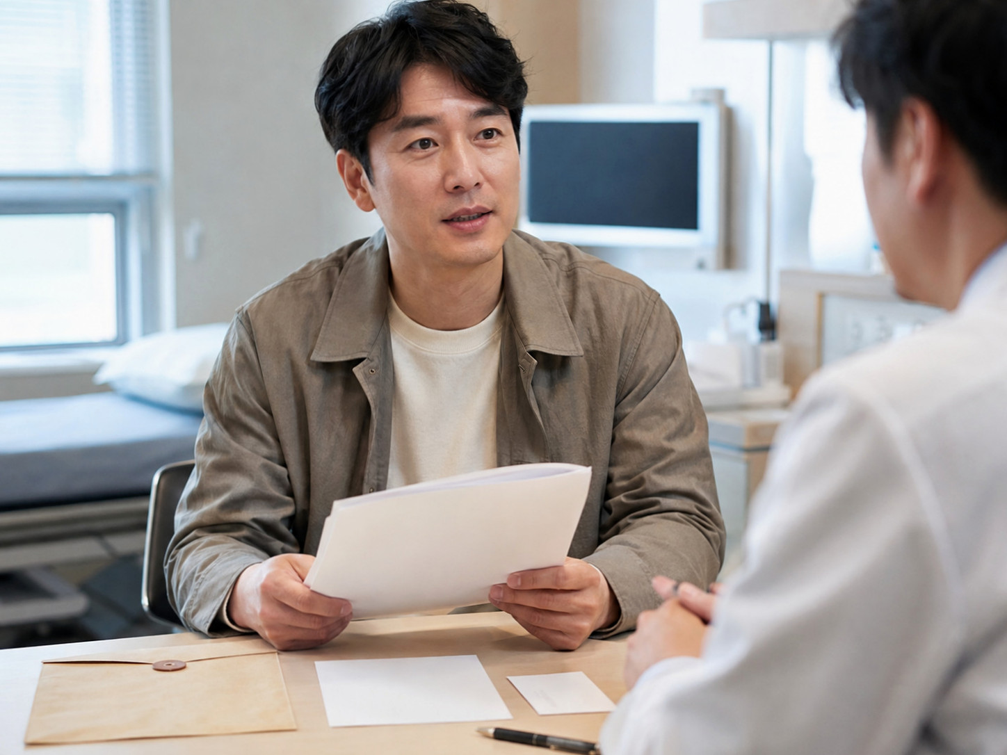 도수치료와 고가 검사 관련 영수증에 진단서와 의사 소견서를 추가하는 장면